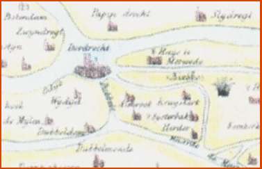 Detail van een kaart van de Zuid-Hollandsche of Groote Waard vóór de Elisabethsvloed van 1421, behorend bij het boek 'De Sint Elisabeths Nacht' van Van Someren, 1779.