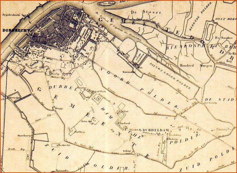 Detail van een kaart van het Eiland van Dordrecht, vóór de uitbreiding met de Polder de Boesbosch en vóór het graven van de Nieuwe Merwede, A. Hansum en H.J. Becker, 1836.